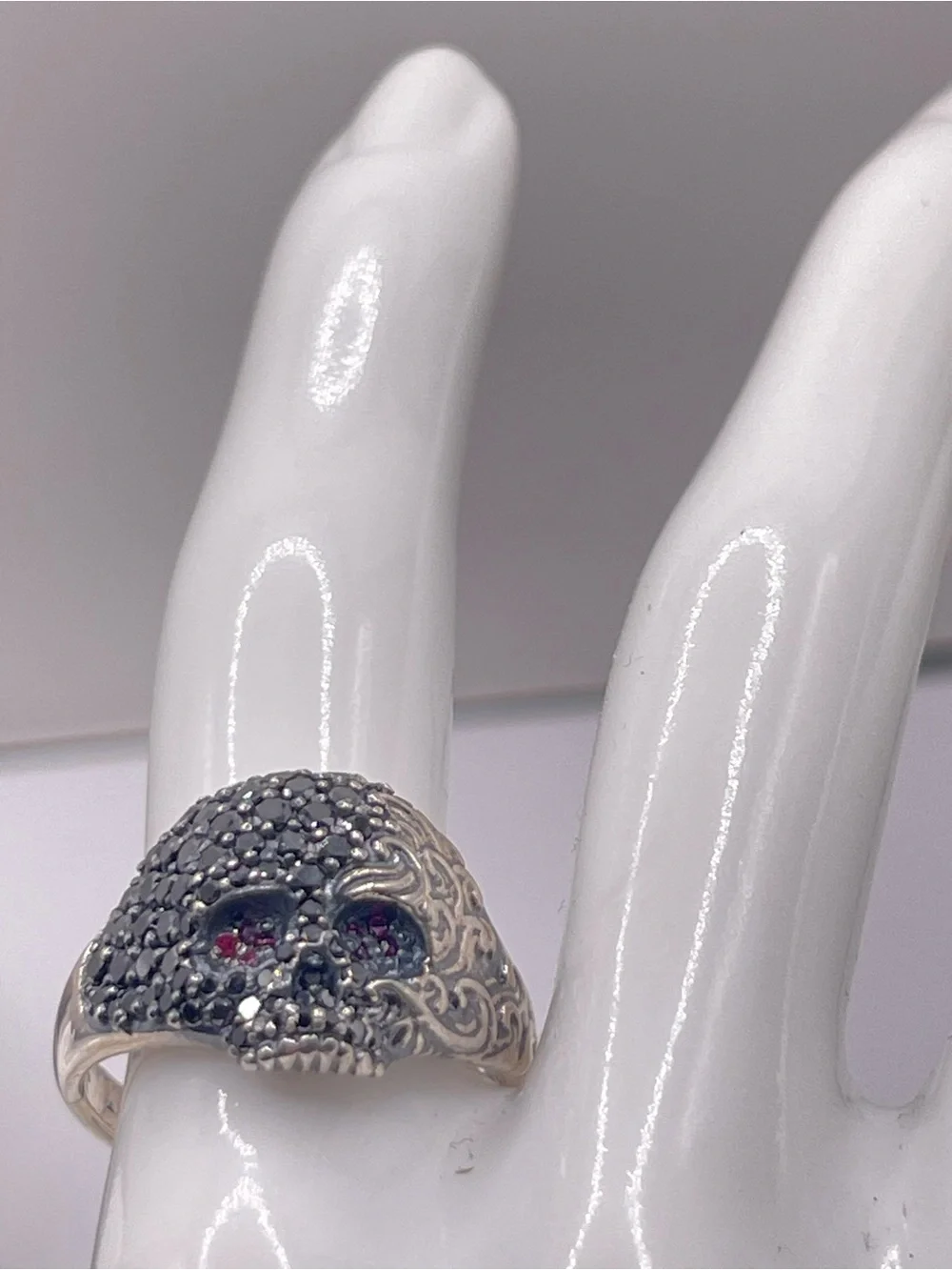 David Yurman Sterling Silver Skull Ring with Black Diamonds and Rubies